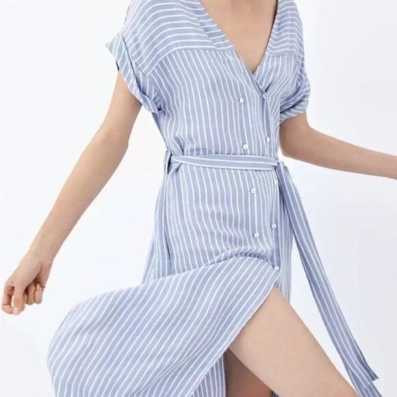 ZARA MIDI V NECK SHIRT DRESS STRIPED BLUE WHITE 7784/072 XSMALL - Picture 10 of 12